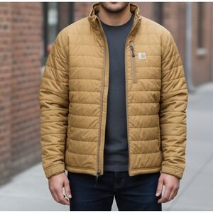 Carhartt Men's L Tall Insulated Quilted Puffer Jacket Tan Work Canvas Coat Warm